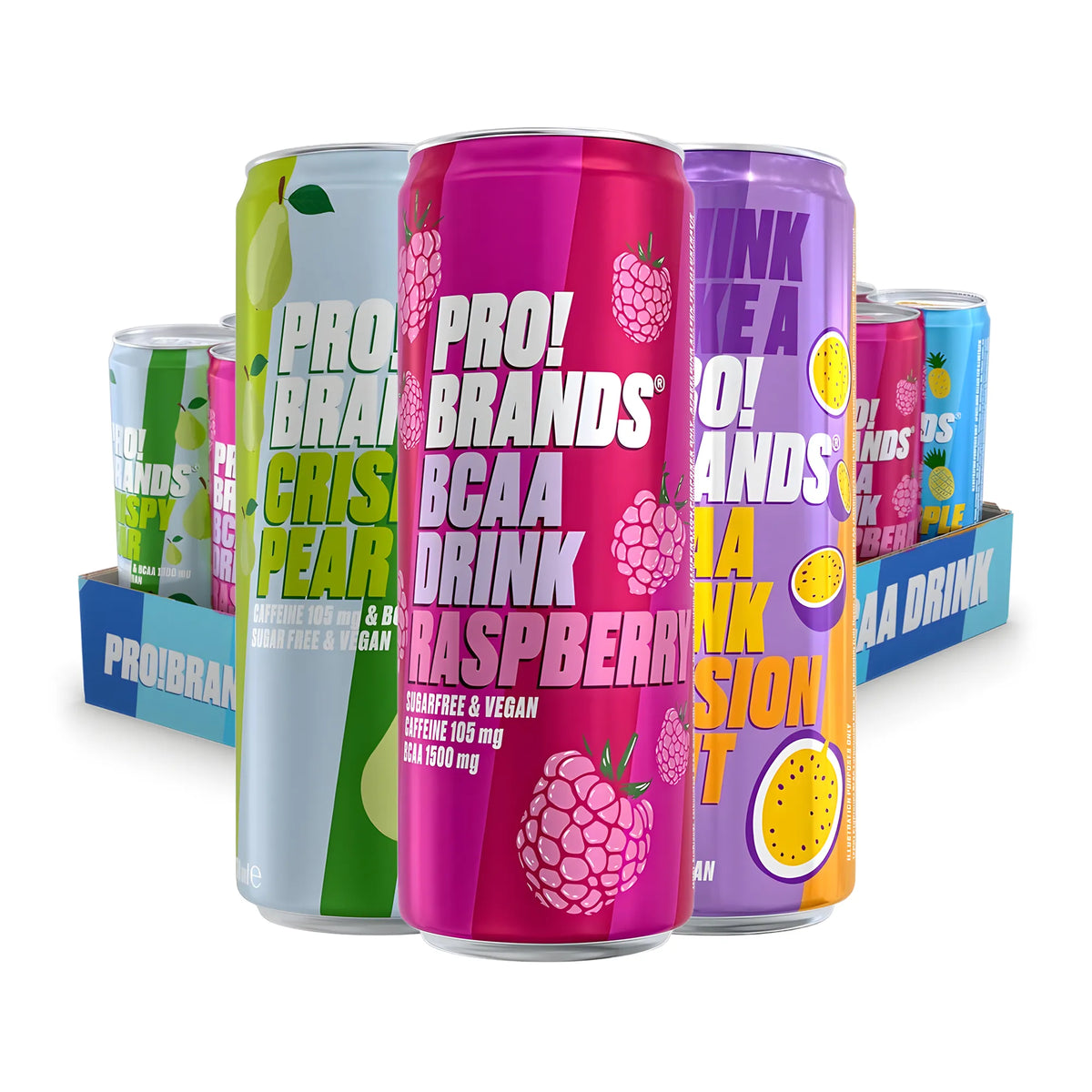 24 x Pro Brands Functional Drink Mixflak 330 ml i ett rosa flak fyllt med färgglada burkar av olika smaker., bild 1 av 1