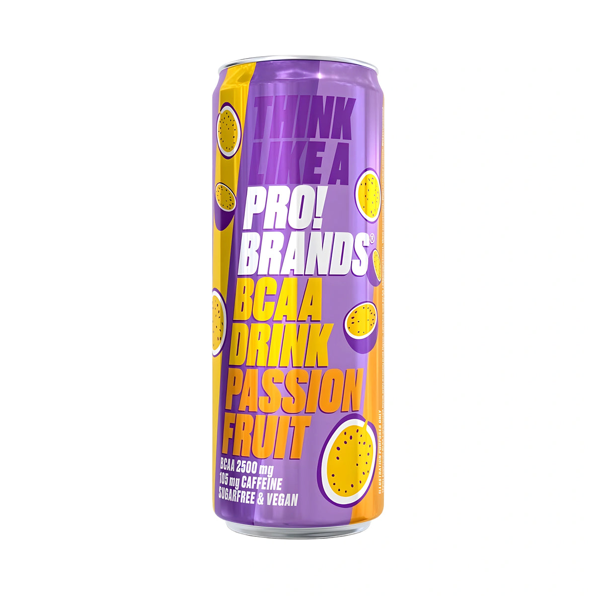 Pro Brands Drink 330 ml i en lila och gul burk med passionsfrukter för smaken Passionfruit., bild 3 av 4