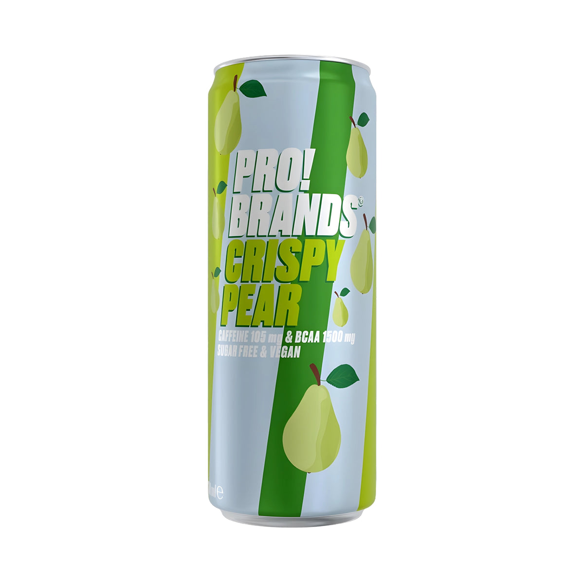 Pro Brands Drink 330 ml i en ljusblå och grön burk med päronmotiv för smaken Crispy Pear., bild 1 av 4