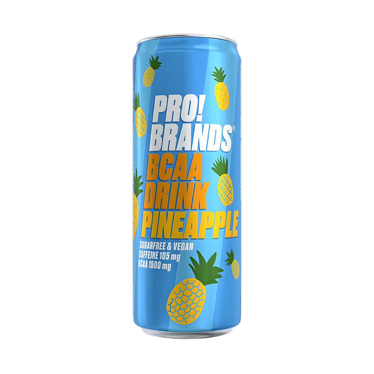 Pro Brands Drink 330 ml i en ljusblå burk dekorerad med ananas för smaken Pineapple., bild 4 av 4