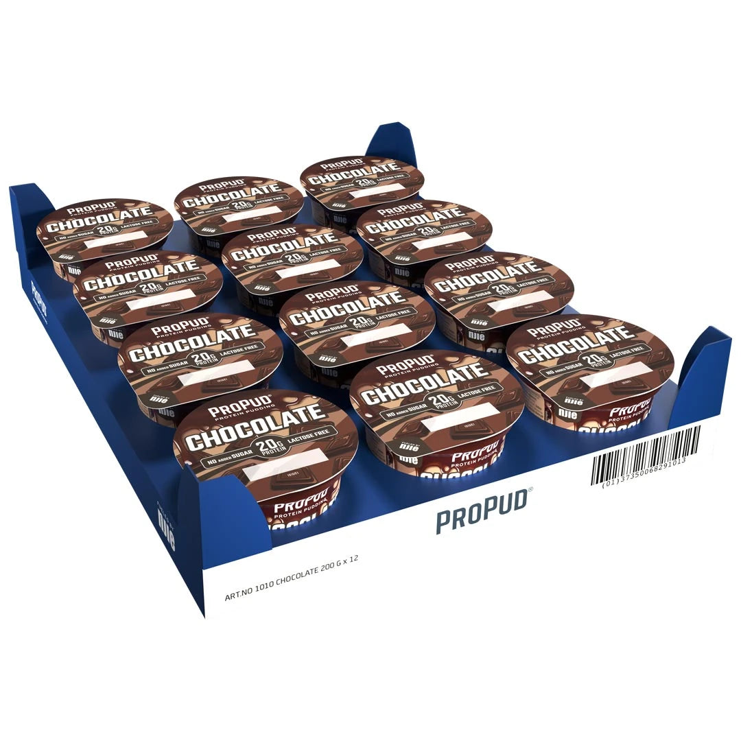 12 x NJIE ProPud 200 g Chocolate pudding i en blå och vit kartong med bruna chokladsmakande förpackningar., bild 1 av 1