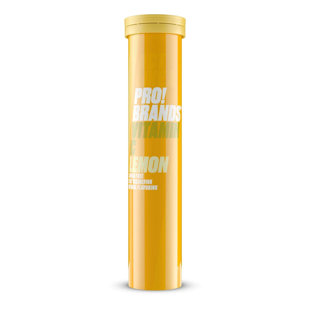 Pro Brands C-vitamin Brus förpackad i ett gult rör med vit text och smaken Lemon., bild 1 av 1