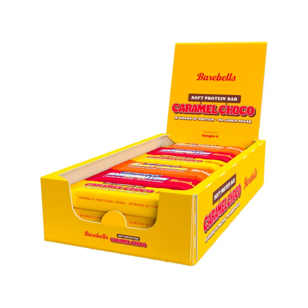 12 x Barebells Soft / Protein Bar Mixlåda 55 g i en öppen gul displaylåda fylld med olika smaker., bild 1 av 1