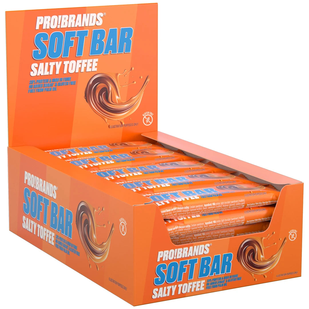 15 x Pro Brands Softbar 40 g Salty Toffee i en orange displaylåda fylld med matchande proteinbars., bild 1 av 1