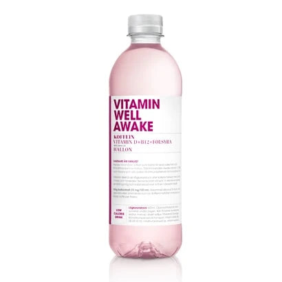 Vitamin Well 500 ml vitamindryck i en transparent flaska med vit etikett och rosa detaljer för smaken Awake Hallon., bild 9 av 9